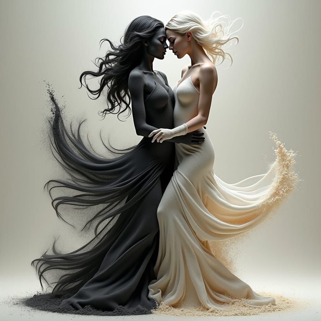 Sensual Sand Embrace: Ethereal Figures in Dreamlike Art