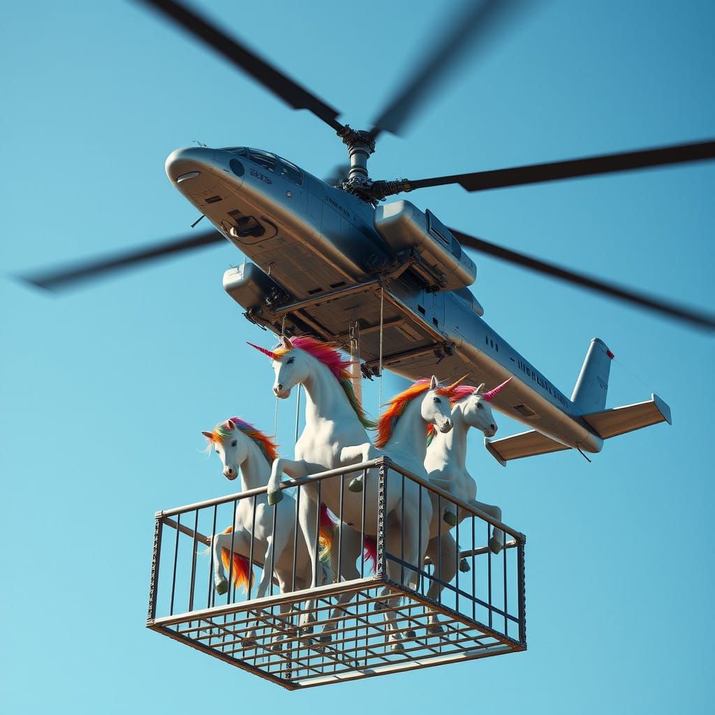 Futuristic Military Helicopter Transports Unicorn Cage Throu...