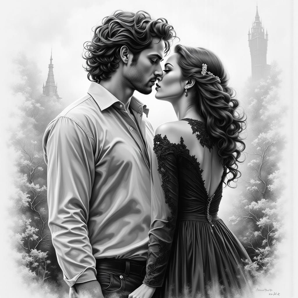 Retro Double Exposure Pencil Sketch of Couple