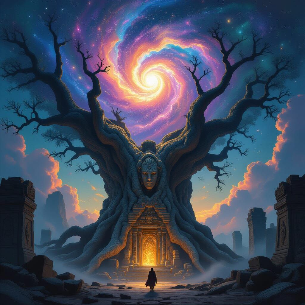 Ancient Temple in Petrified Tree Under Cosmic Nebula