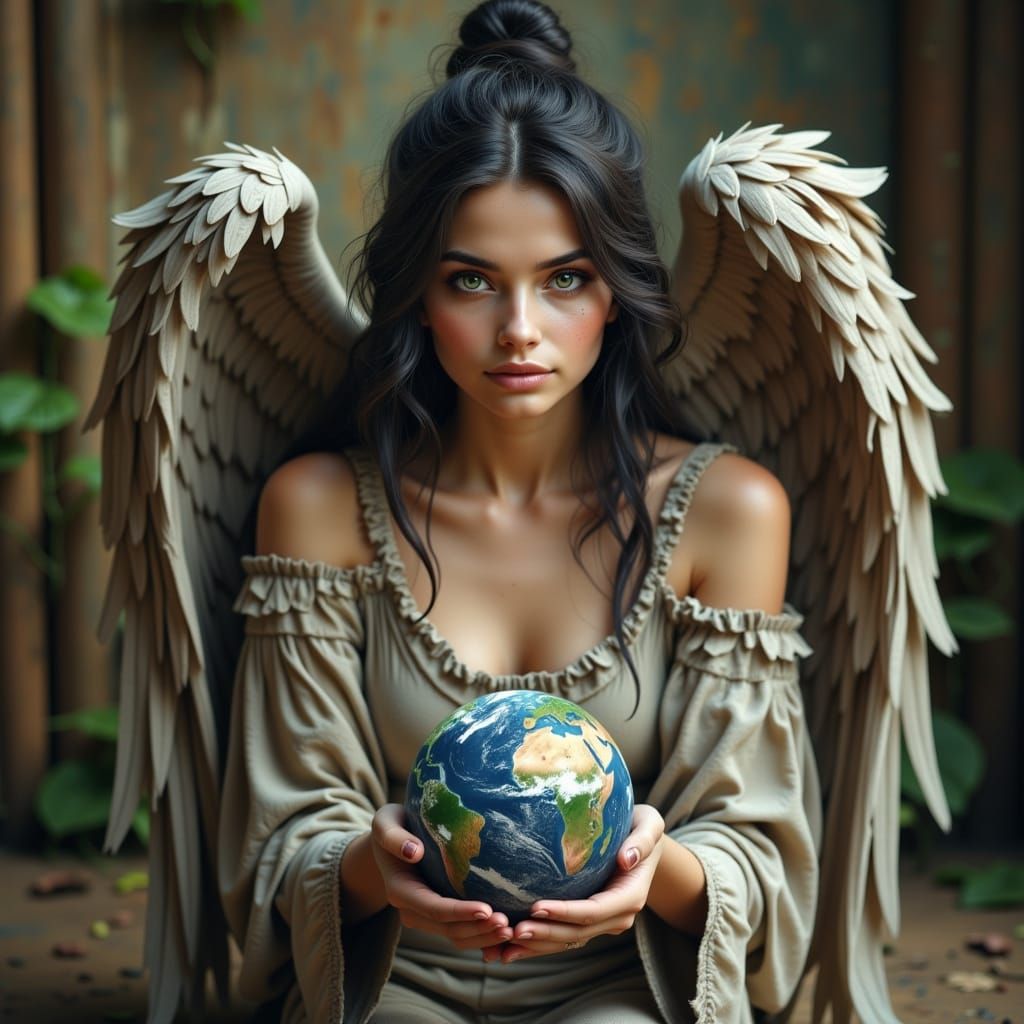 Angel Woman Cradles Earth in Delicate Light