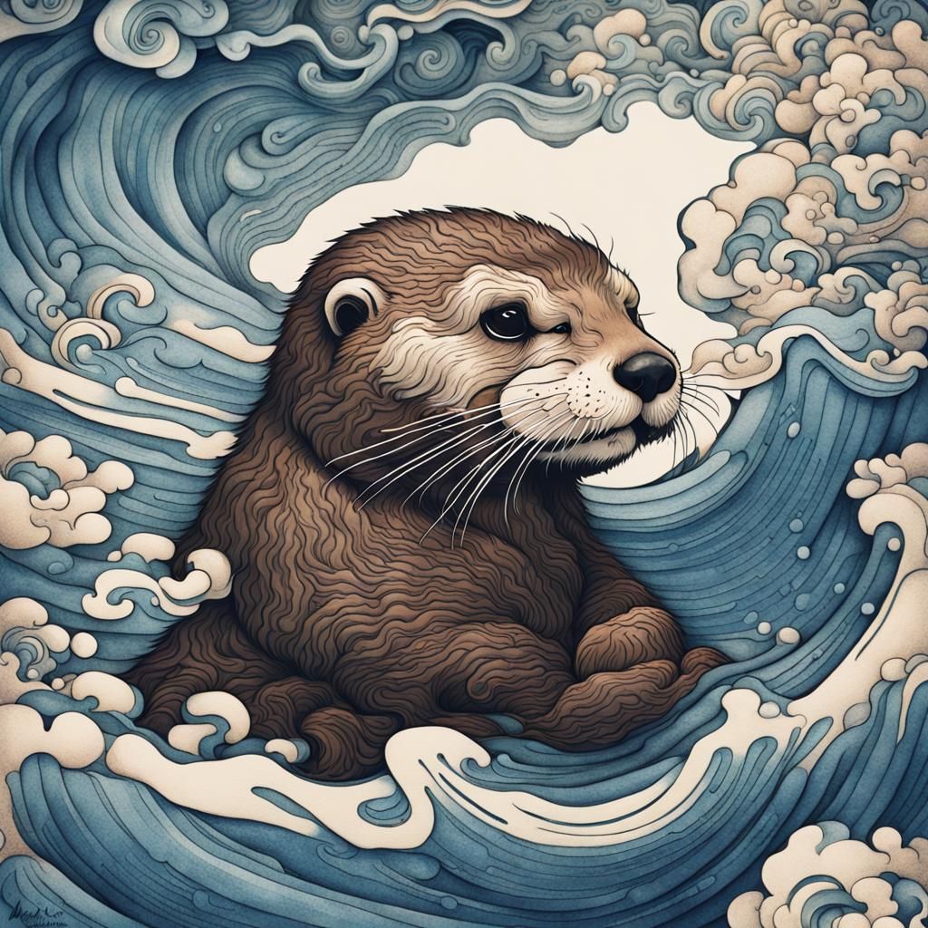 Sea Otter in Hokusai-Inspired Japanese Illustration