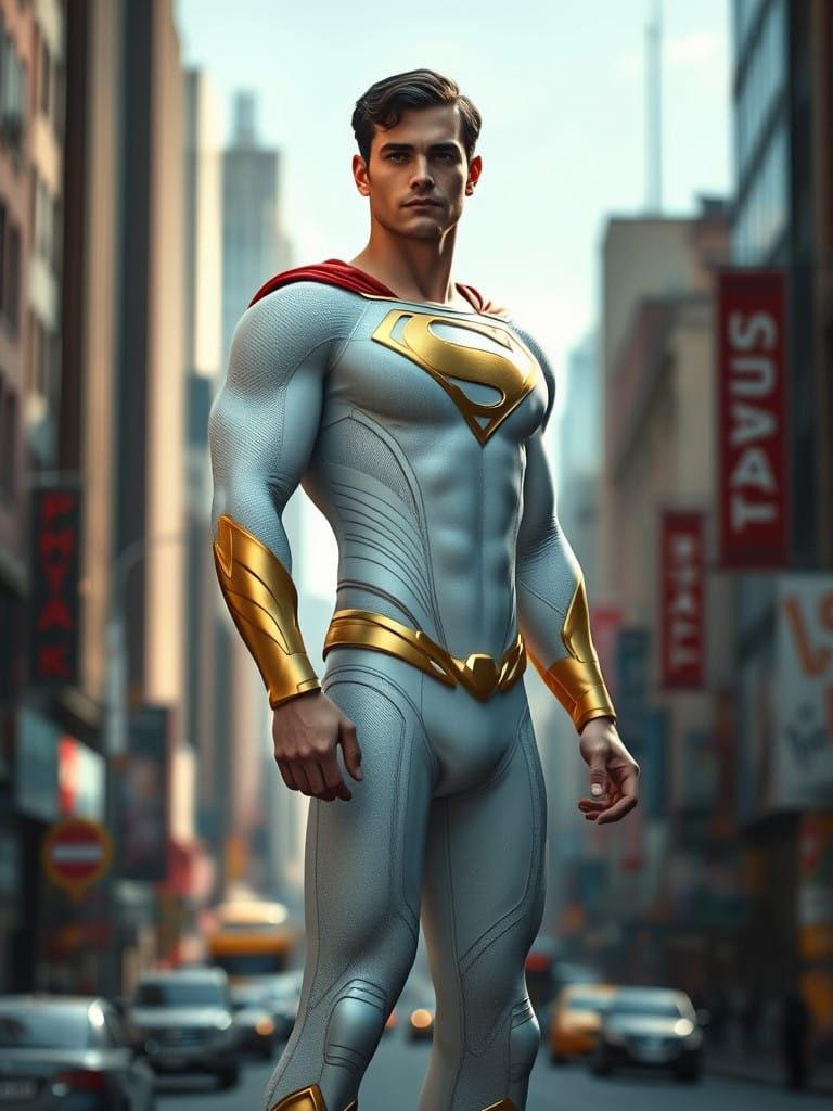 Photorealistic Superman in Iconic White and Golden Suit