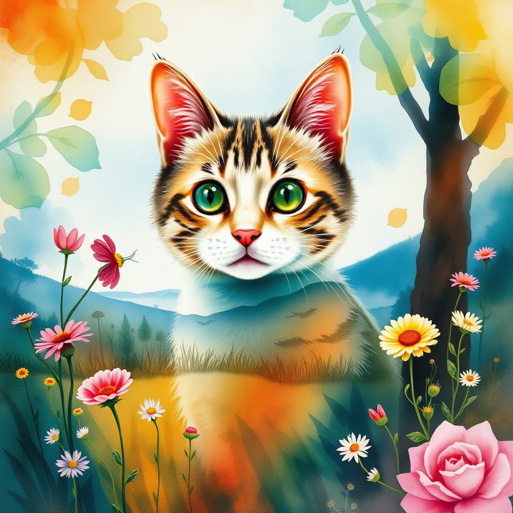 Whimsical Feline Surrounded by Dreamy Watercolor Landscapes