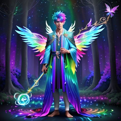 Rainbow Robed Figure in Mystical Forest Scene