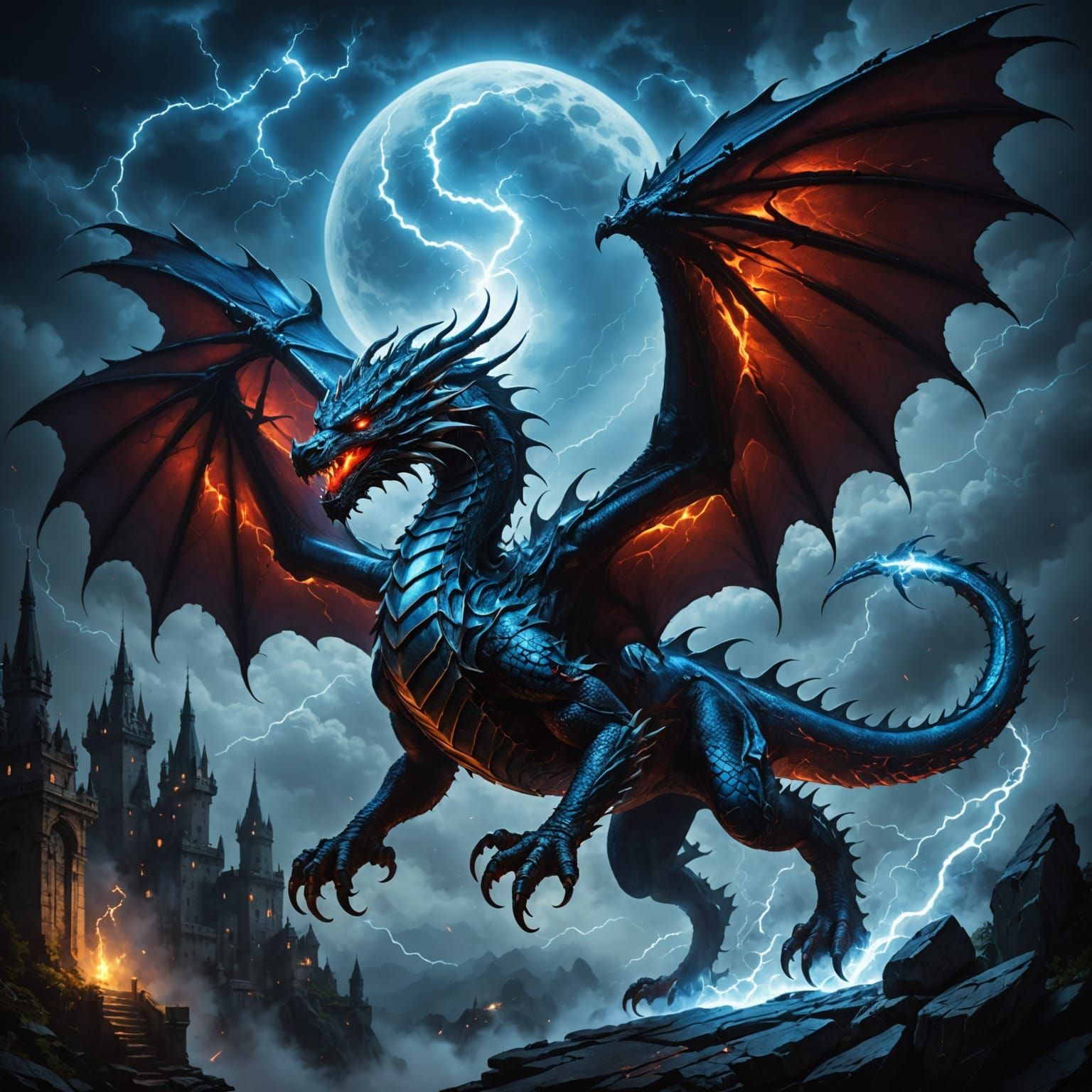 Blue Lightning Dragon Soaring in the Night