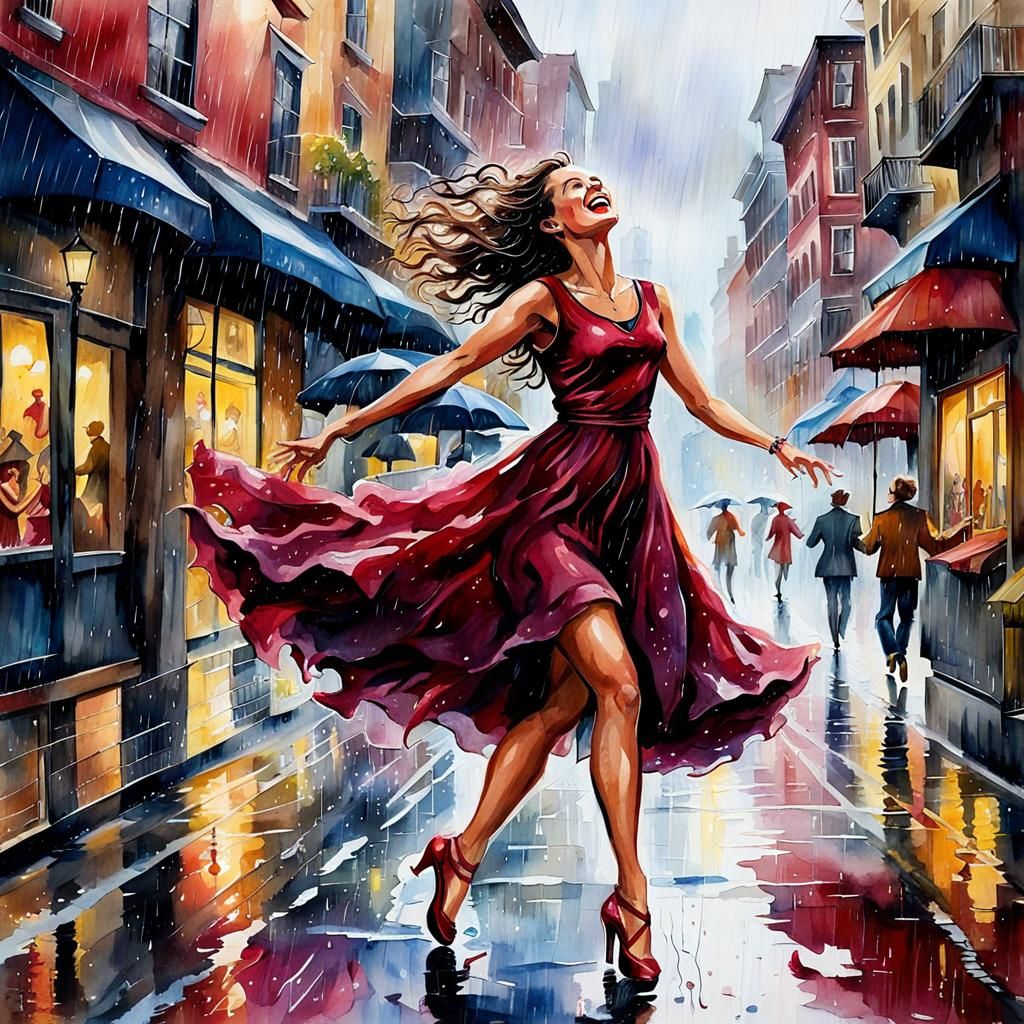 A woman dances in the rain, her wine-red dress flowing aroun...