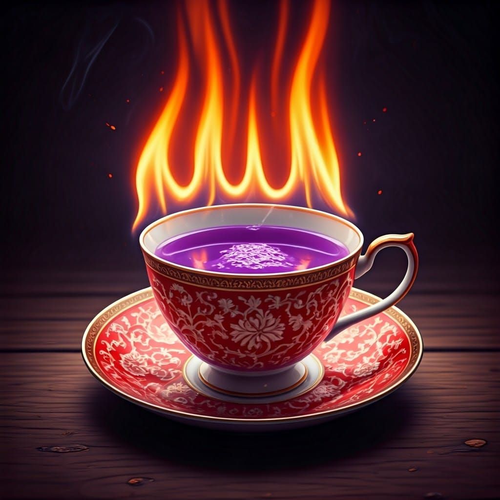 Fiery Tea Cup in Gothic Futuristic Style