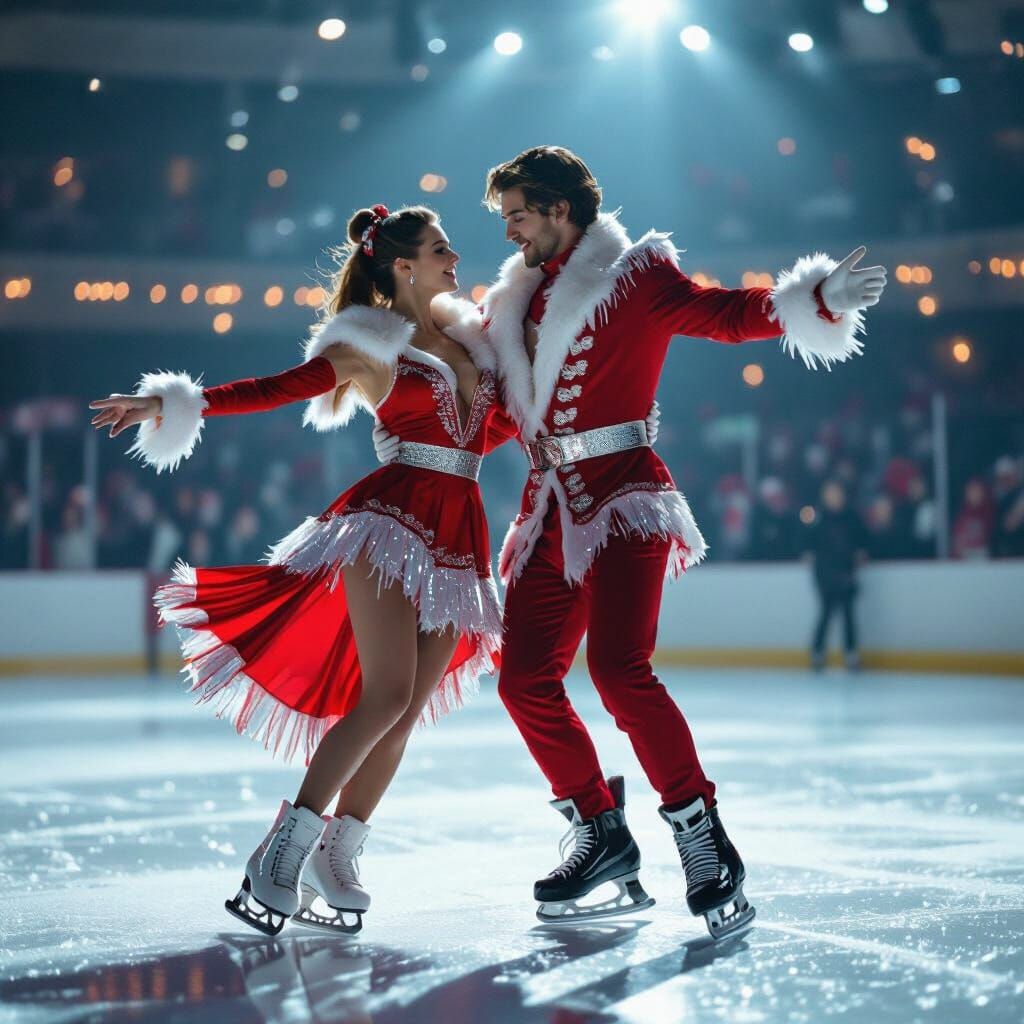 Ice Skating Couple in Red Silver Fringe, Cinematic Lighting