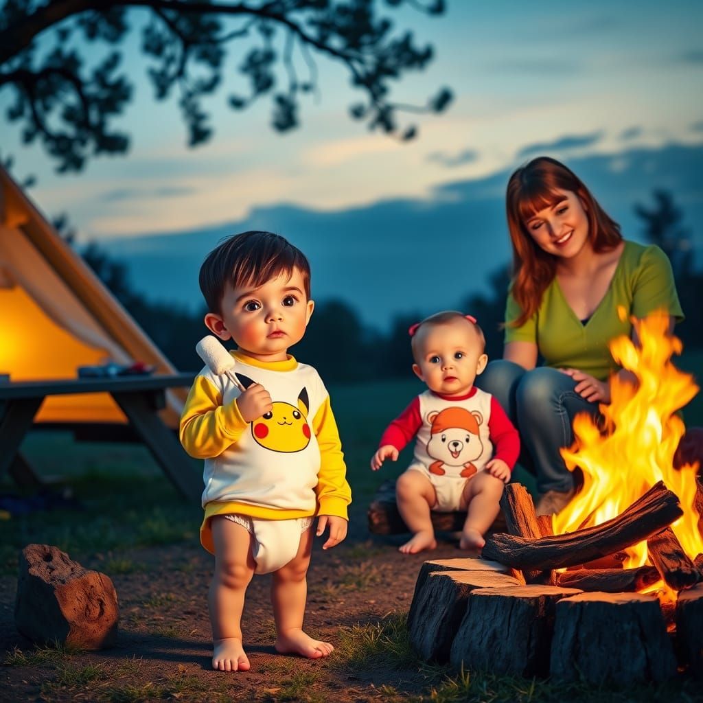 Whimsical Camping Scene with Toddlers