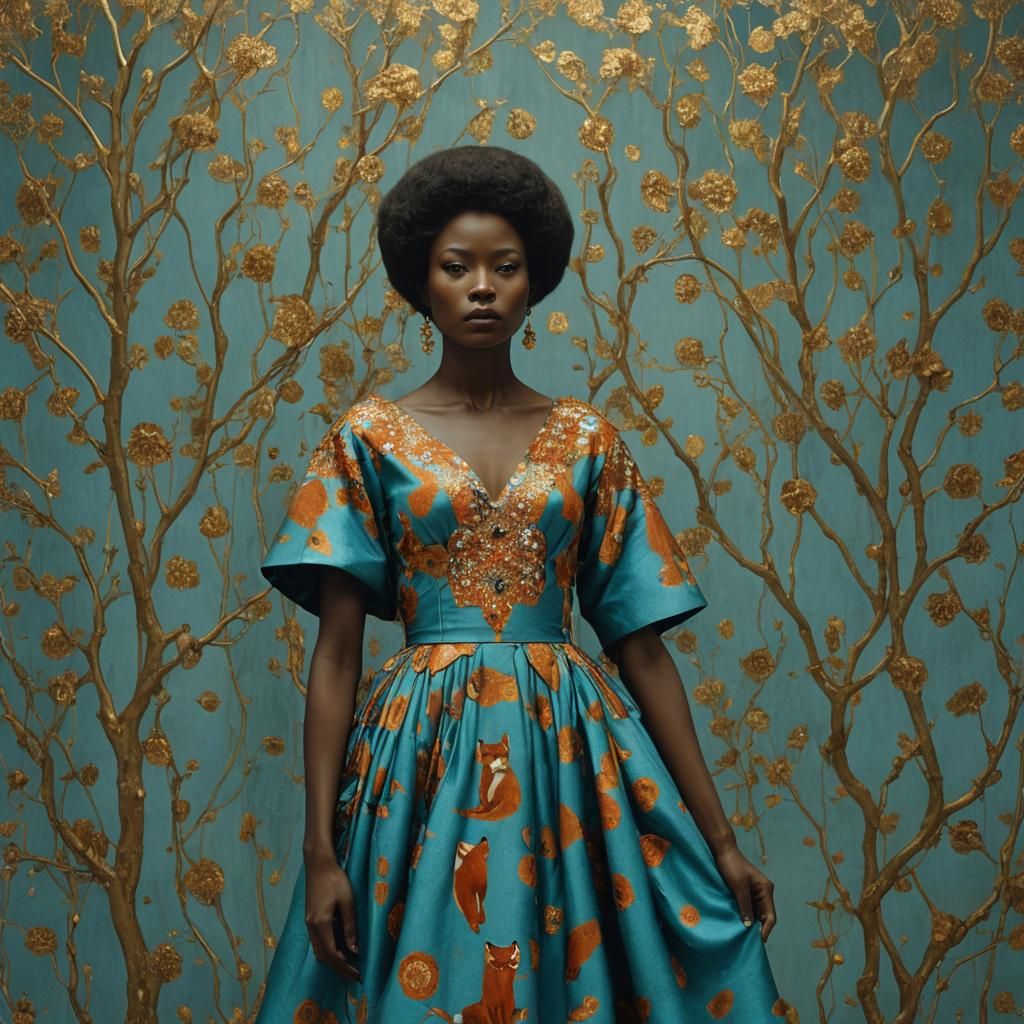 Black Woman in Fox Dress: Surreal Cinematic Photograph