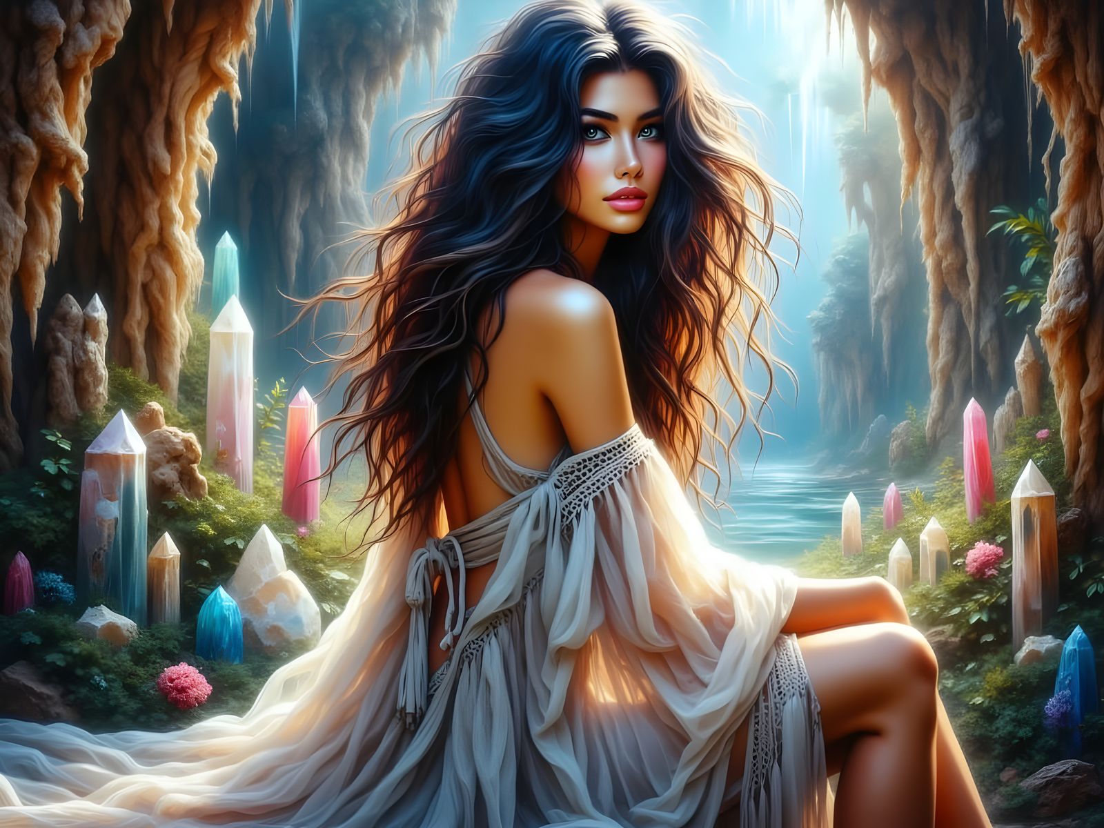 Ethereal Goddess in Shimmering Crystal Caves