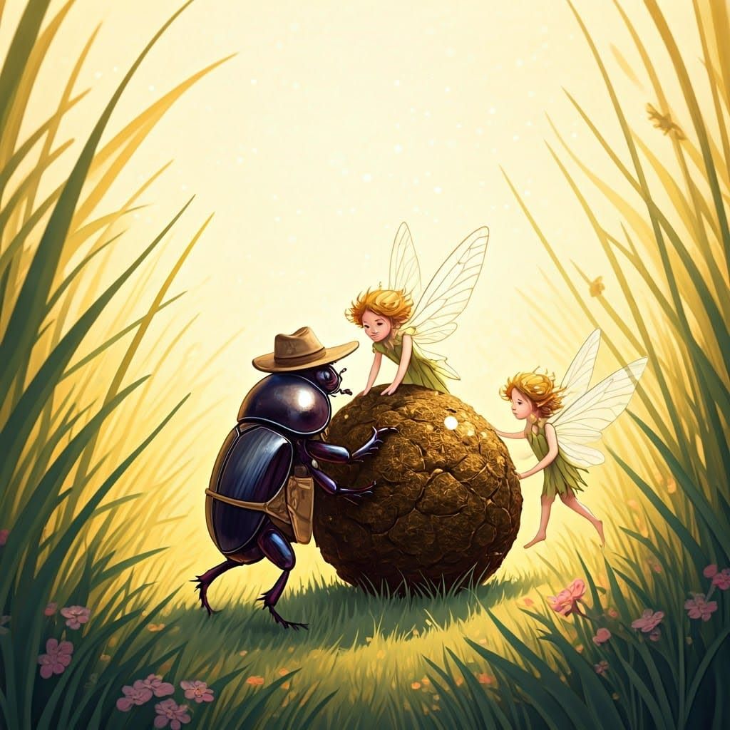 Dung Beetle and Fairies in Watercolor Meadow