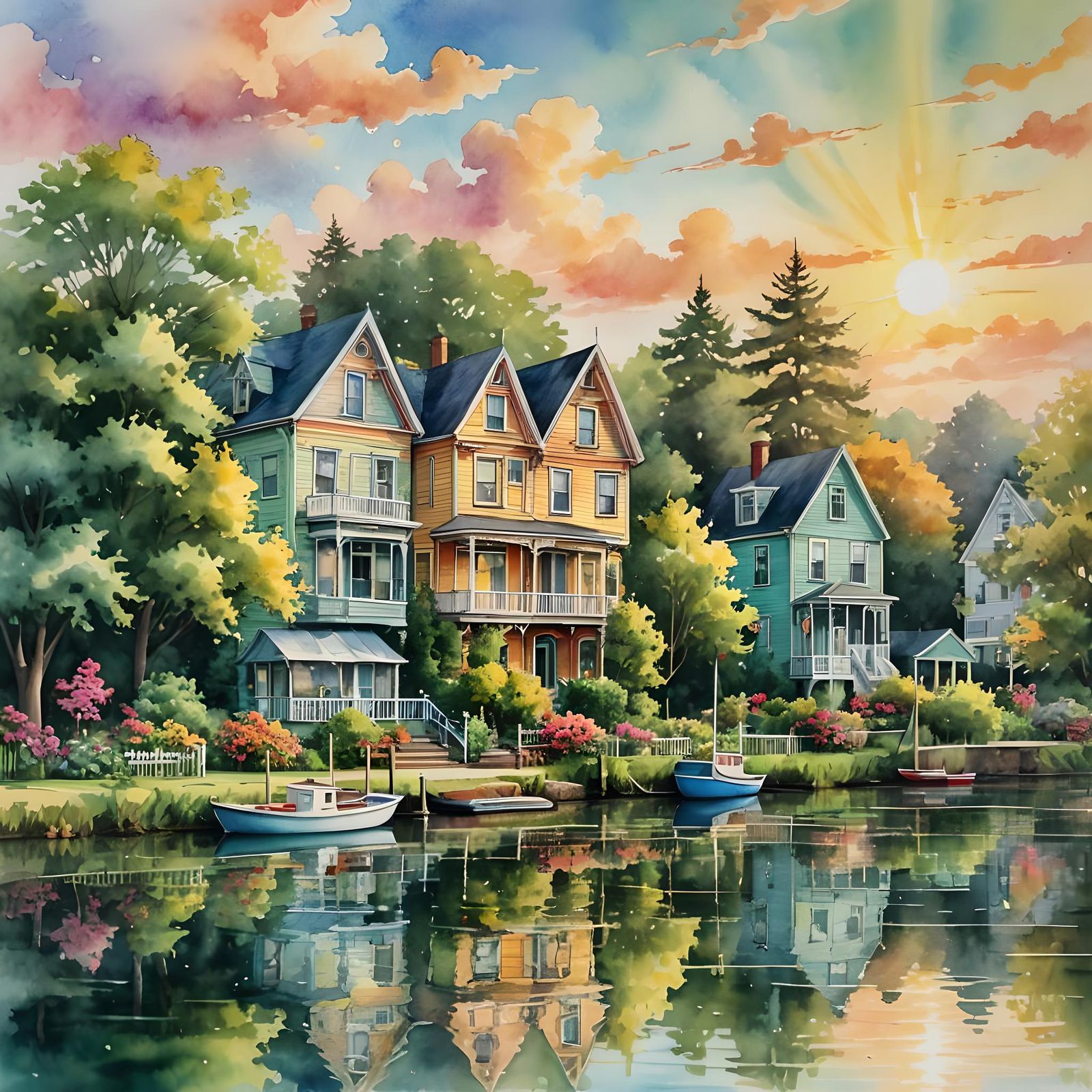 Victorian Canal Scene in Watercolor Style