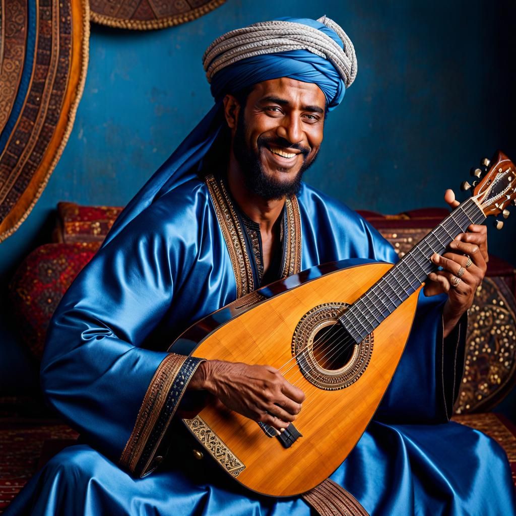 Tuareg Man Playing Oud Guitar in Ultrarealistic Style