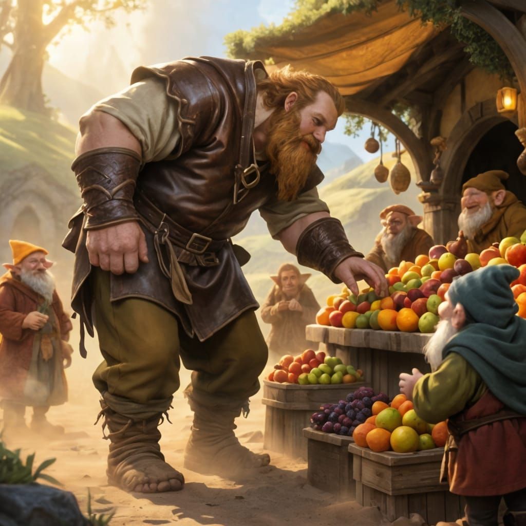 Giant Browsing Hobbit Fruit Stand: Fantasy Art