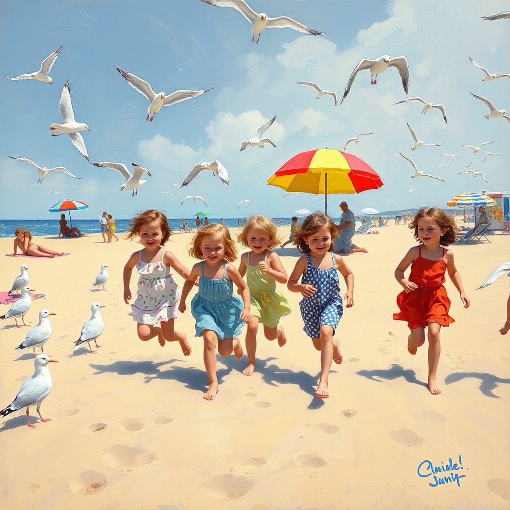 Children on Beach in Impressionist Style