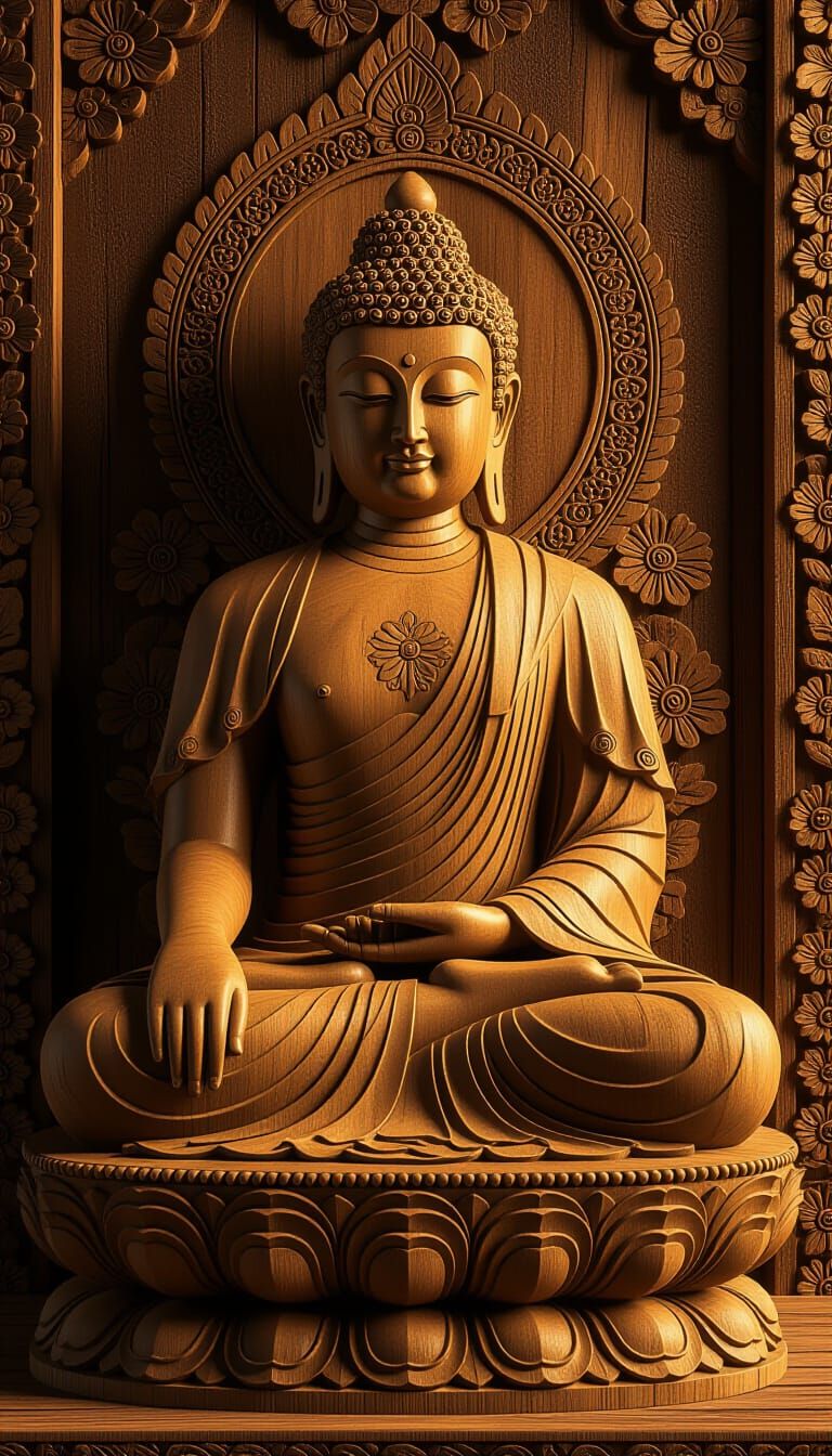 Buddha Statue Wood Carving with Floral Details