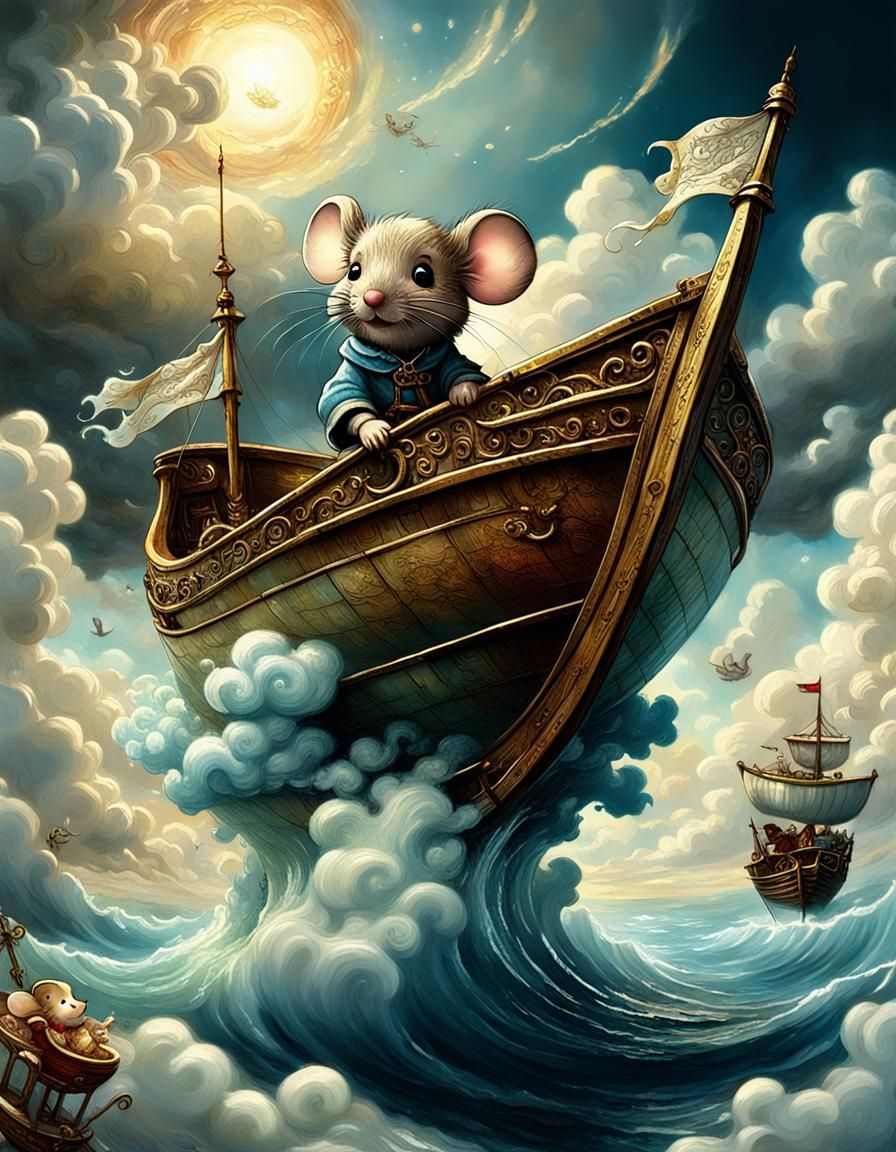 Chibi Mouse's Heavenly Voyage in Arthur Rackham Style