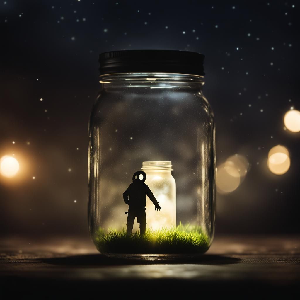 Ethereal Figure with Glowing Smile in Glass Jar