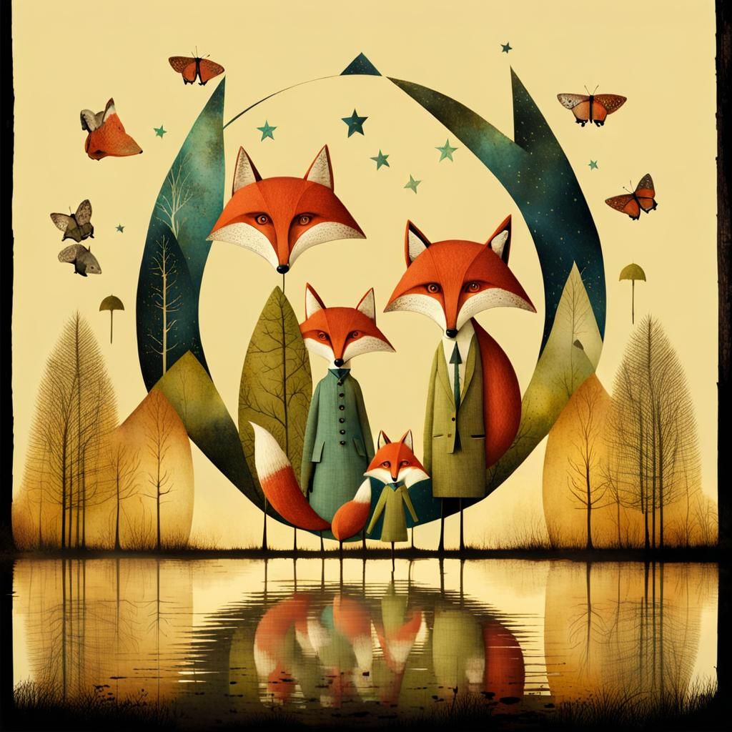 Fox Family in Woods, Fairytale Illustration
