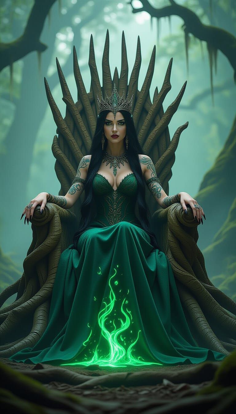Witch Queen on Root Throne in Misty Forest