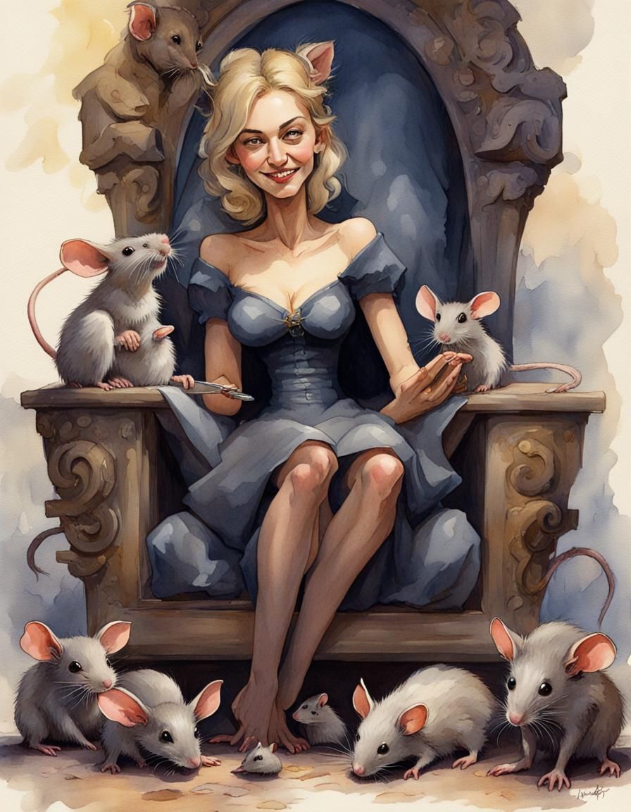 Gorgeous Mouse Witch on Throne, Watercolor Illustration