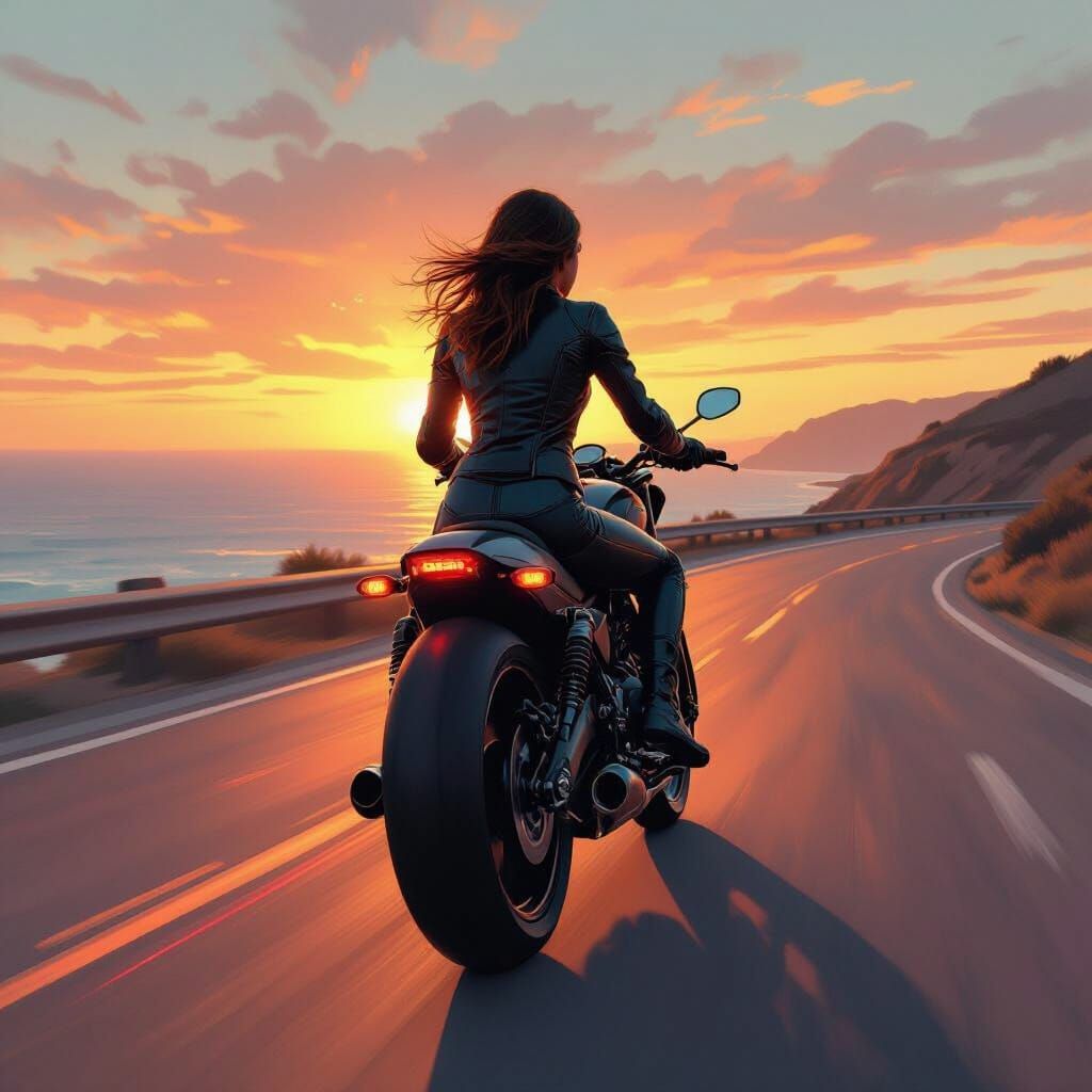 Woman on Motorcycle on Coastal Highway at Sunset