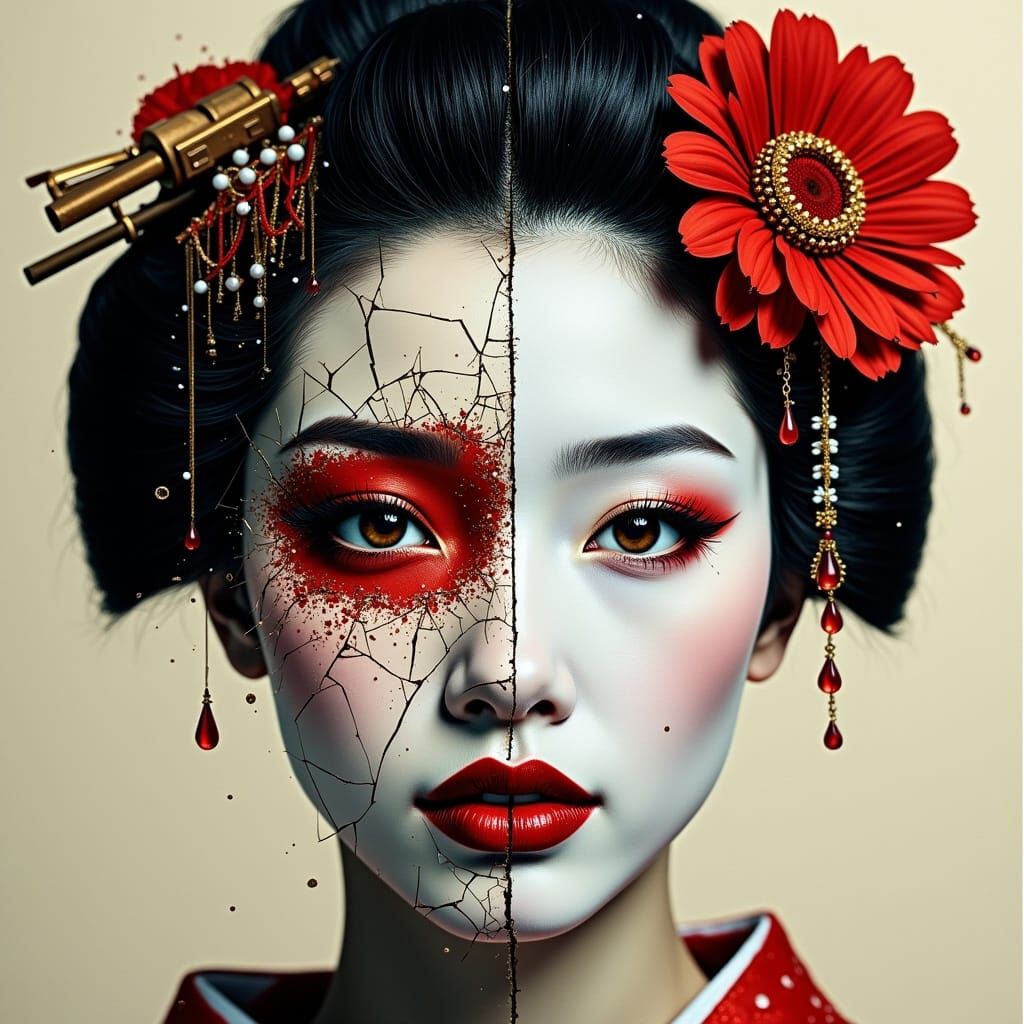Shattered Geisha Portrait: A Study in Duality