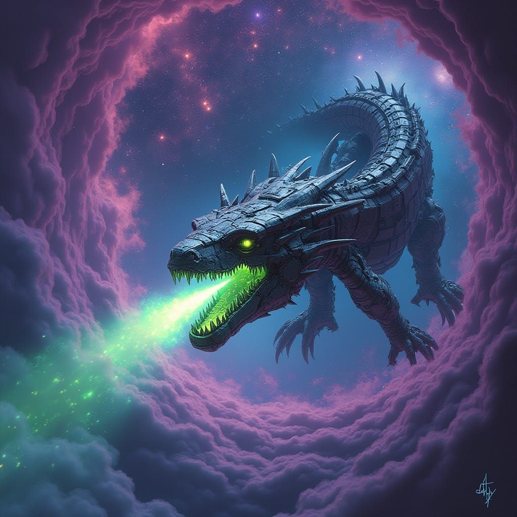 Futuristic Cyborg Dragon Soaring Through Galaxy