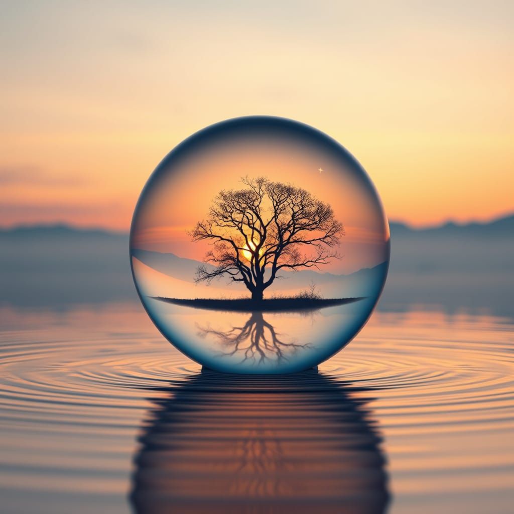 Dreamy Glass Sphere Floats Above Sunset Water, Captured in P...