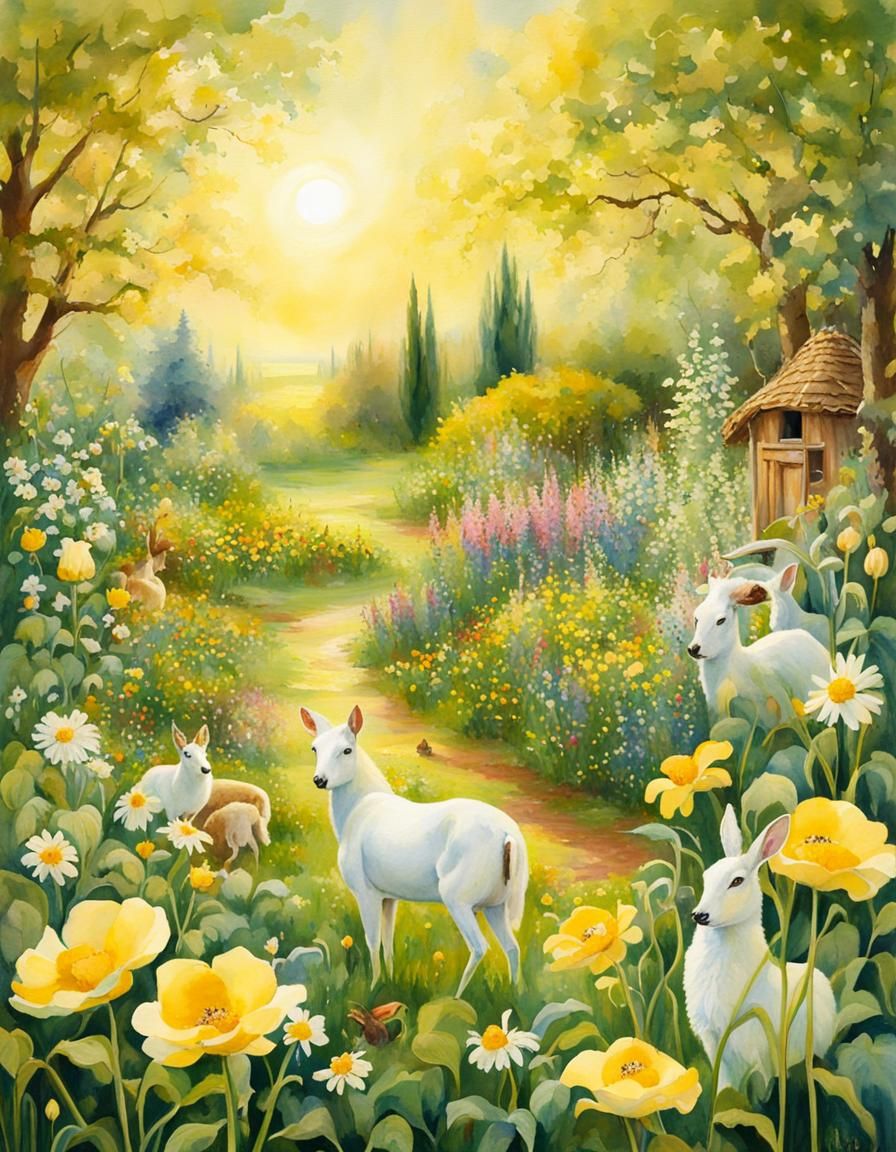 Fairytale Forest Garden in Pastel Watercolor Style