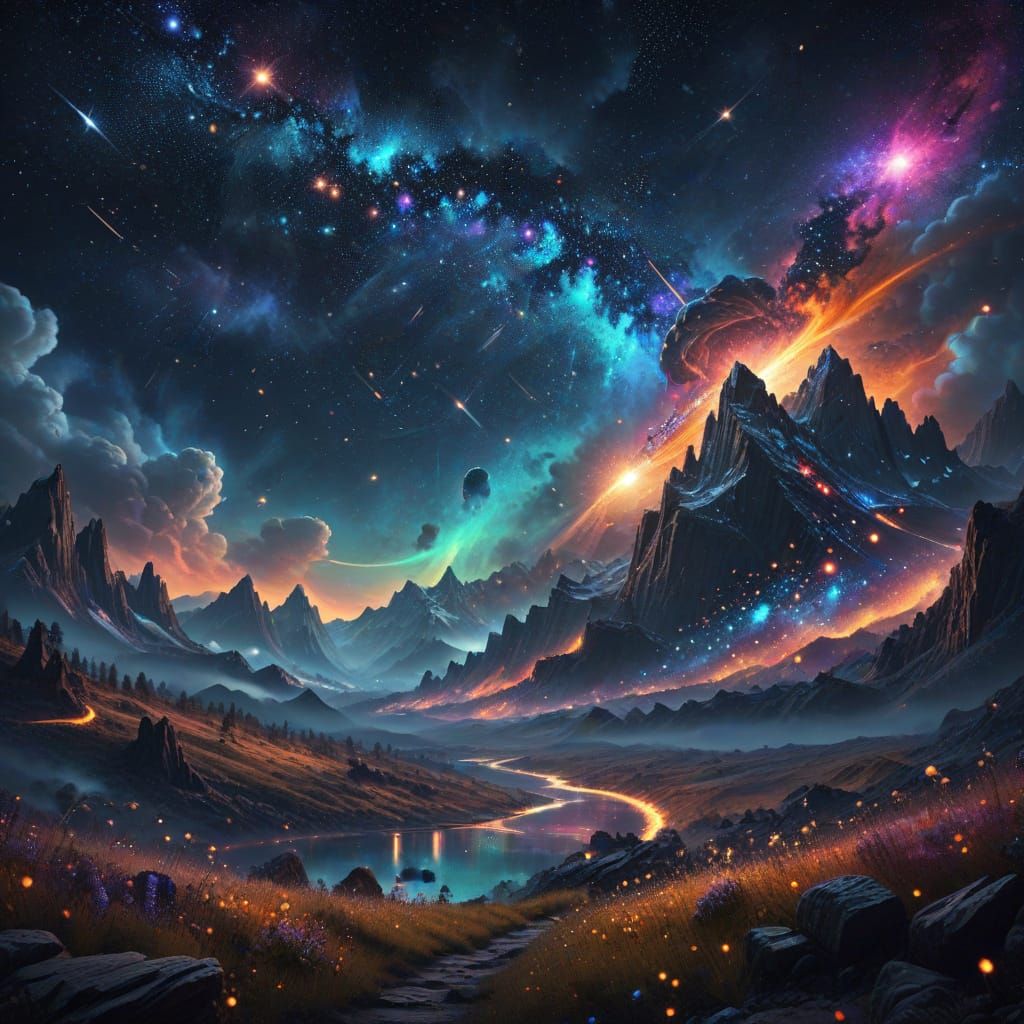 Magical Pencil Paints Starry Landscape in Digital Matte Styl...