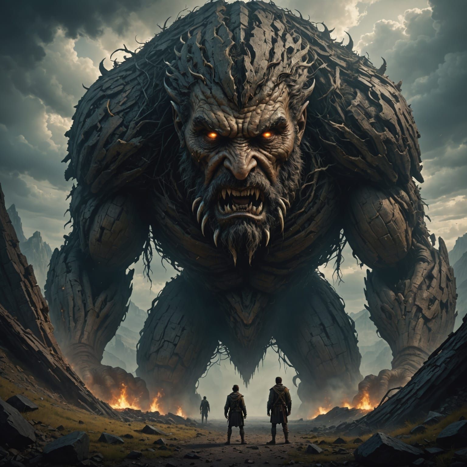 Giant of Ancient Wisdom Towers Over a Small Human Form