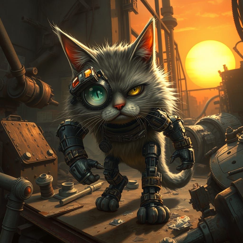 Cybernetic Cat Prowls Industrial Junkyard
