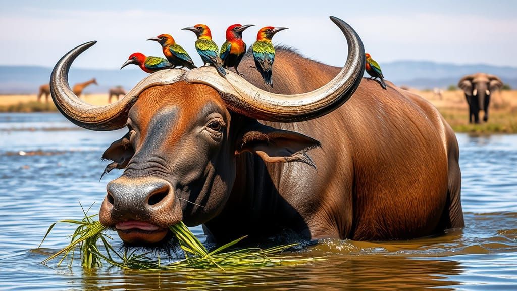 Majestic Horned Water Buffalo in Tranquil River Landscape