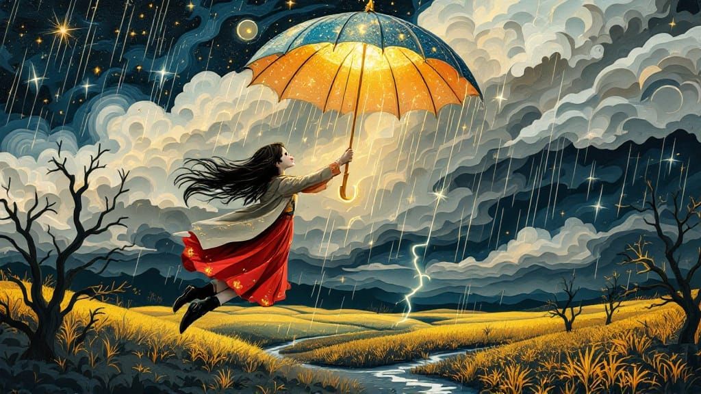 Girl Floats with Cosmic Umbrella in Stormy Landscape
