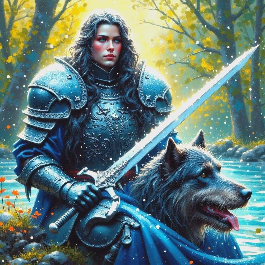 Epic Blue Knight in Snowy Landscape with Lake and Irish Wolf...