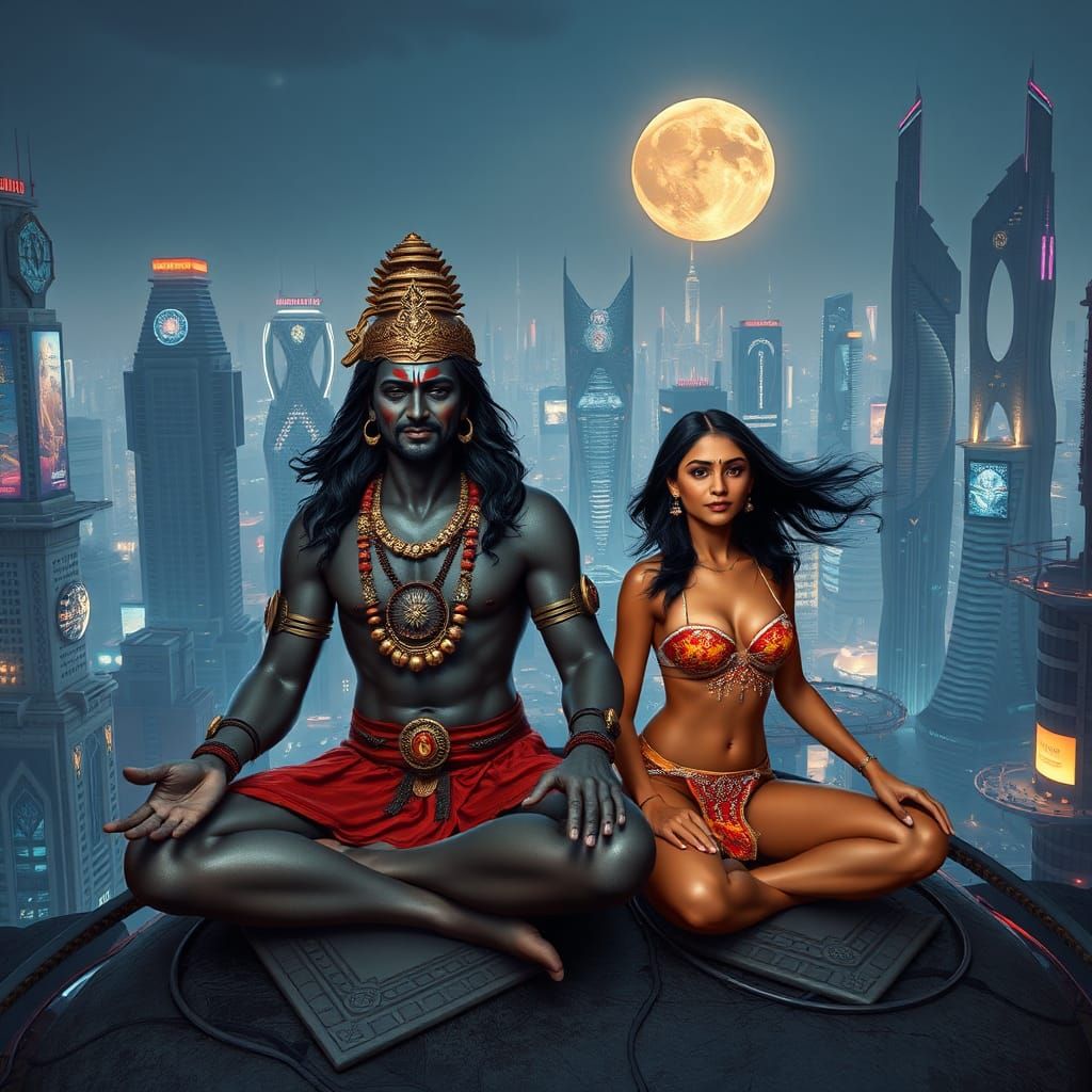 Sci-Fi Vishnu Meditates with Woman in Sky Town