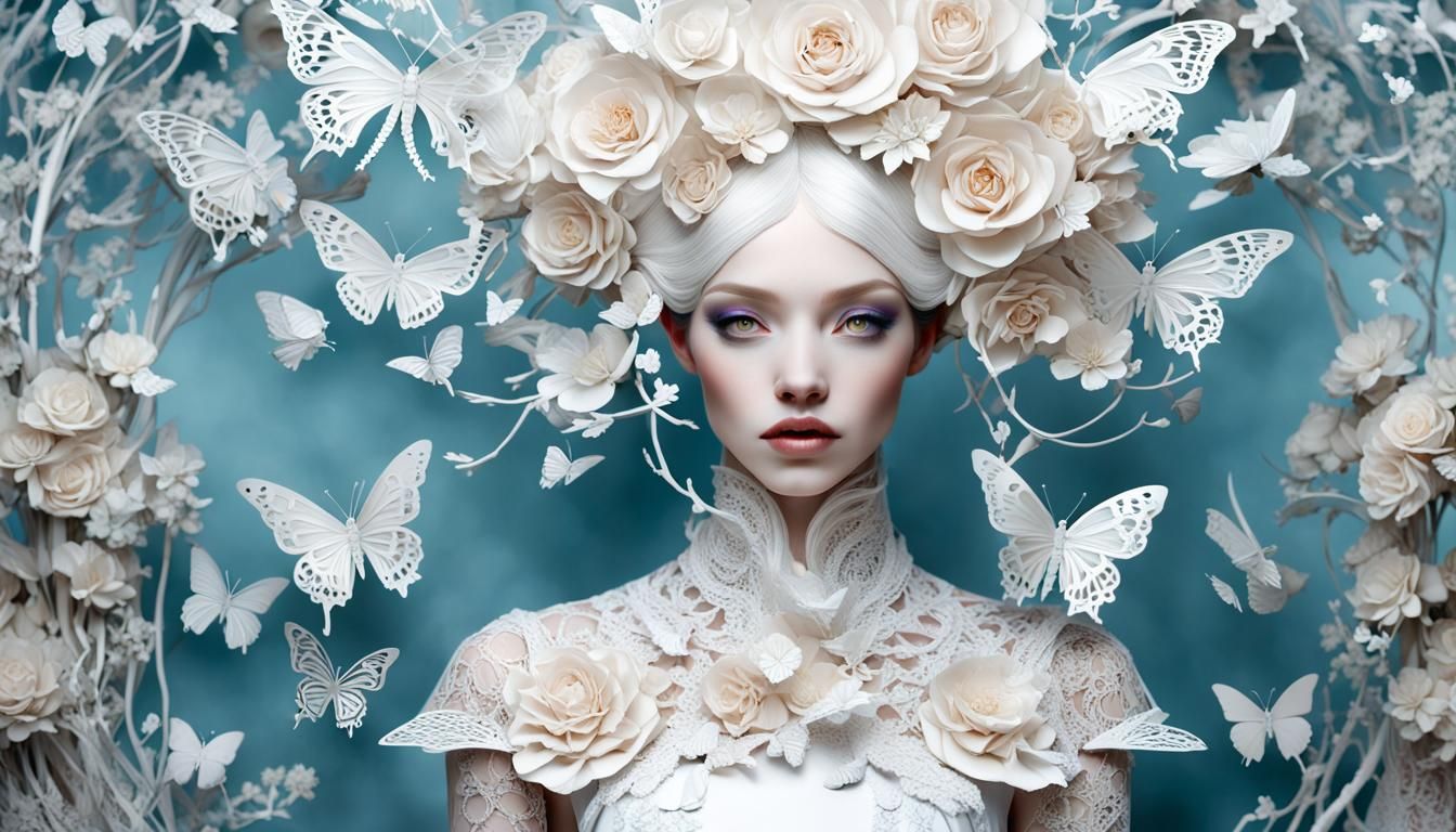Captivating Girl with Kirigami Flowers in Baroque Style