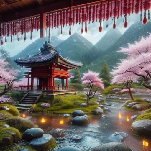 Majestic Red Dragon in Serene Sakura Garden