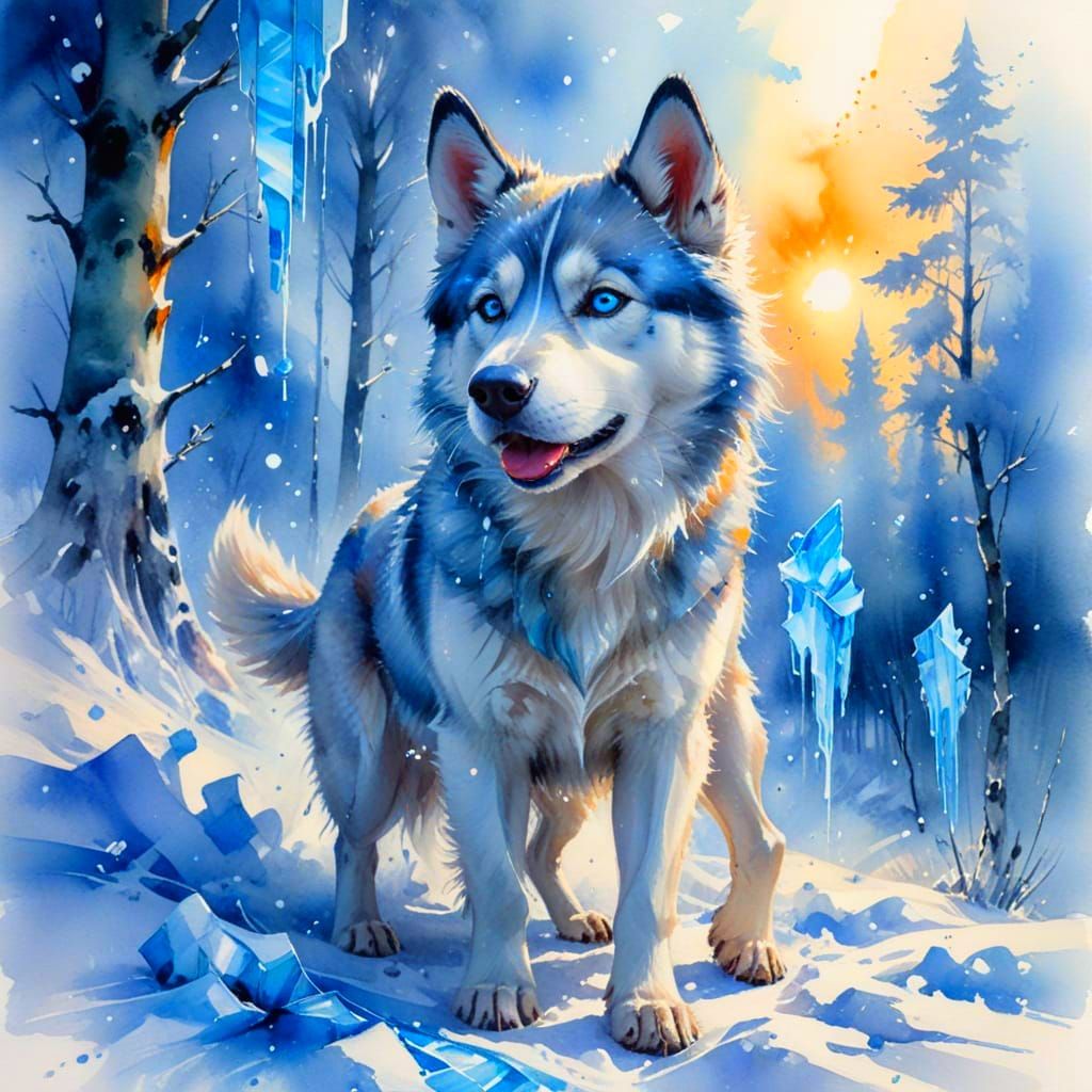 Arctic Glacier Aurora with Husky Sled Team in Watercolour