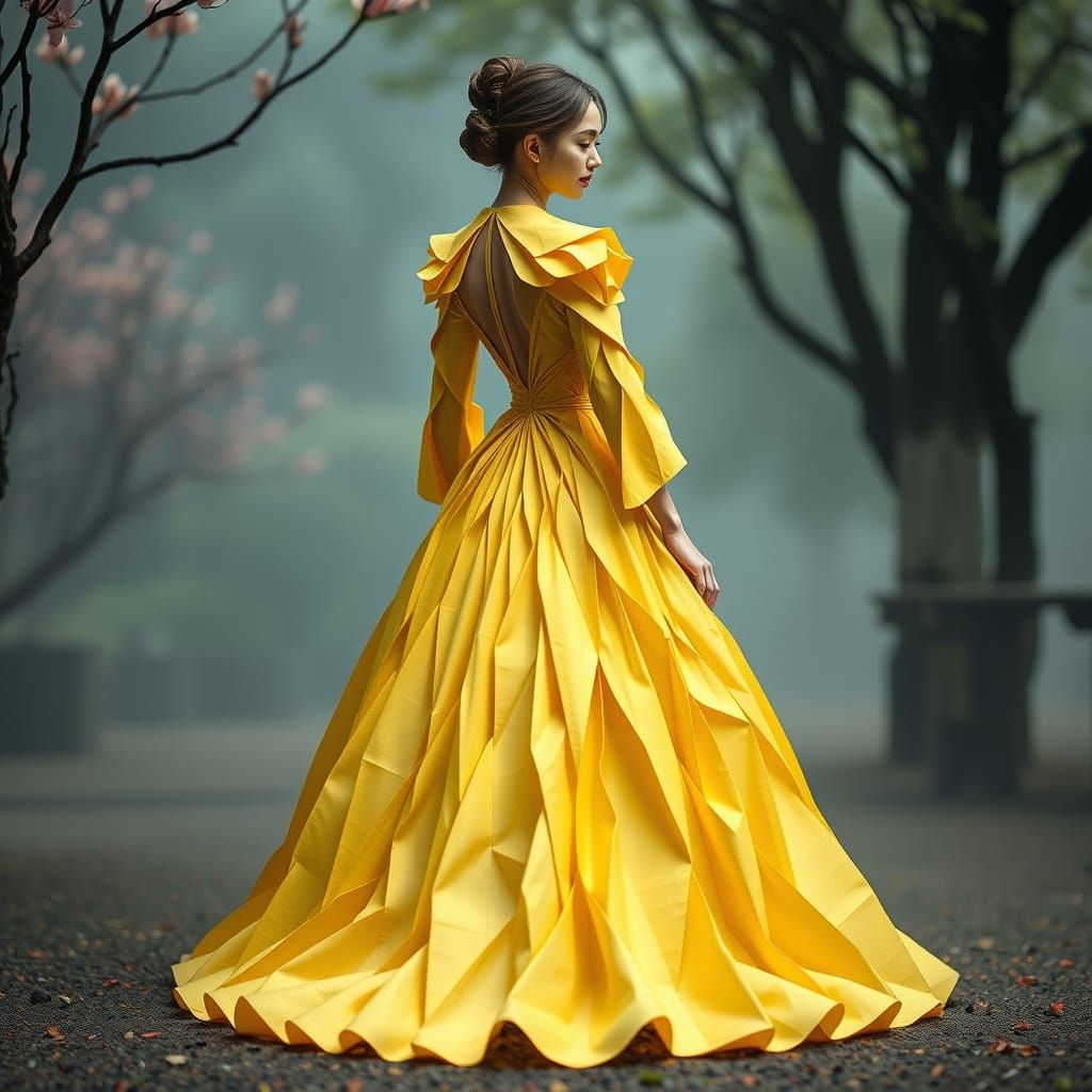 Origami Ballgown in a Serene Japanese Garden