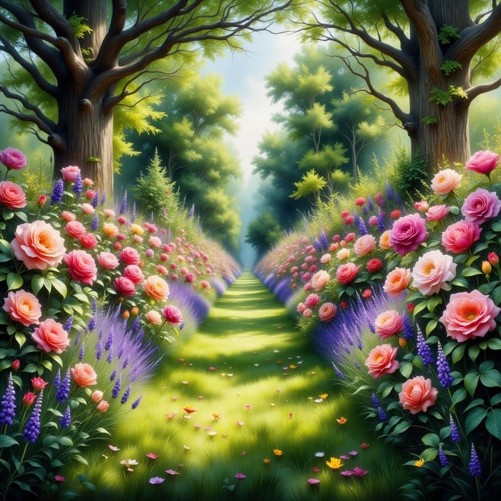 Hyperrealistic Portrait of a Rose Garden in Vibrant Watercol...