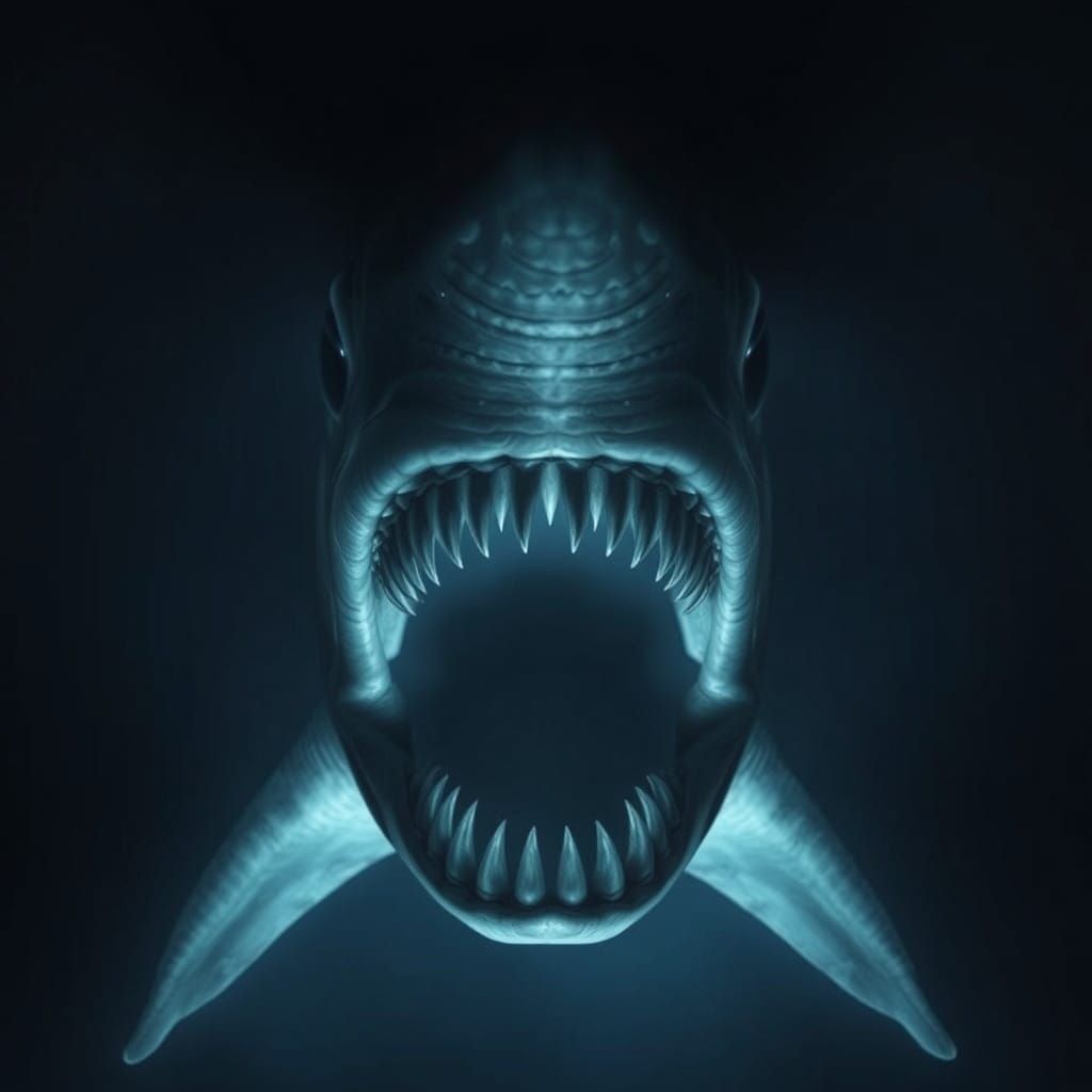 Ghostly Megalodon in Creepy Deep Ocean Horror Scene