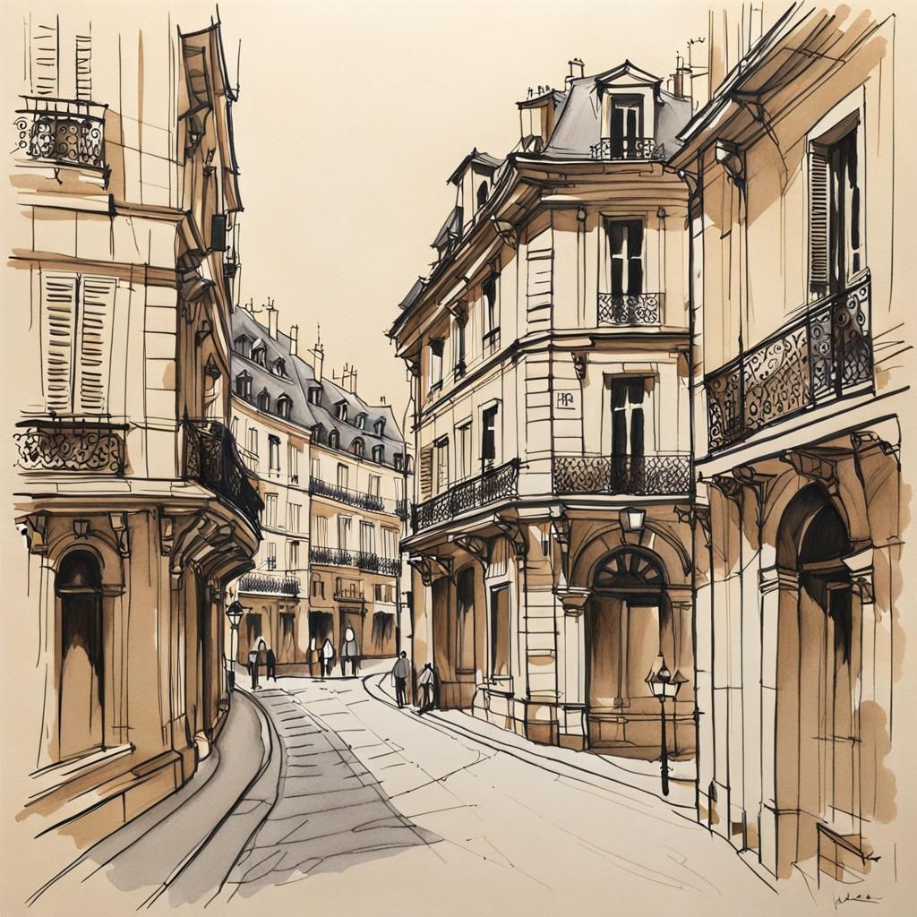 French City Architectural Sketch in Black Ink