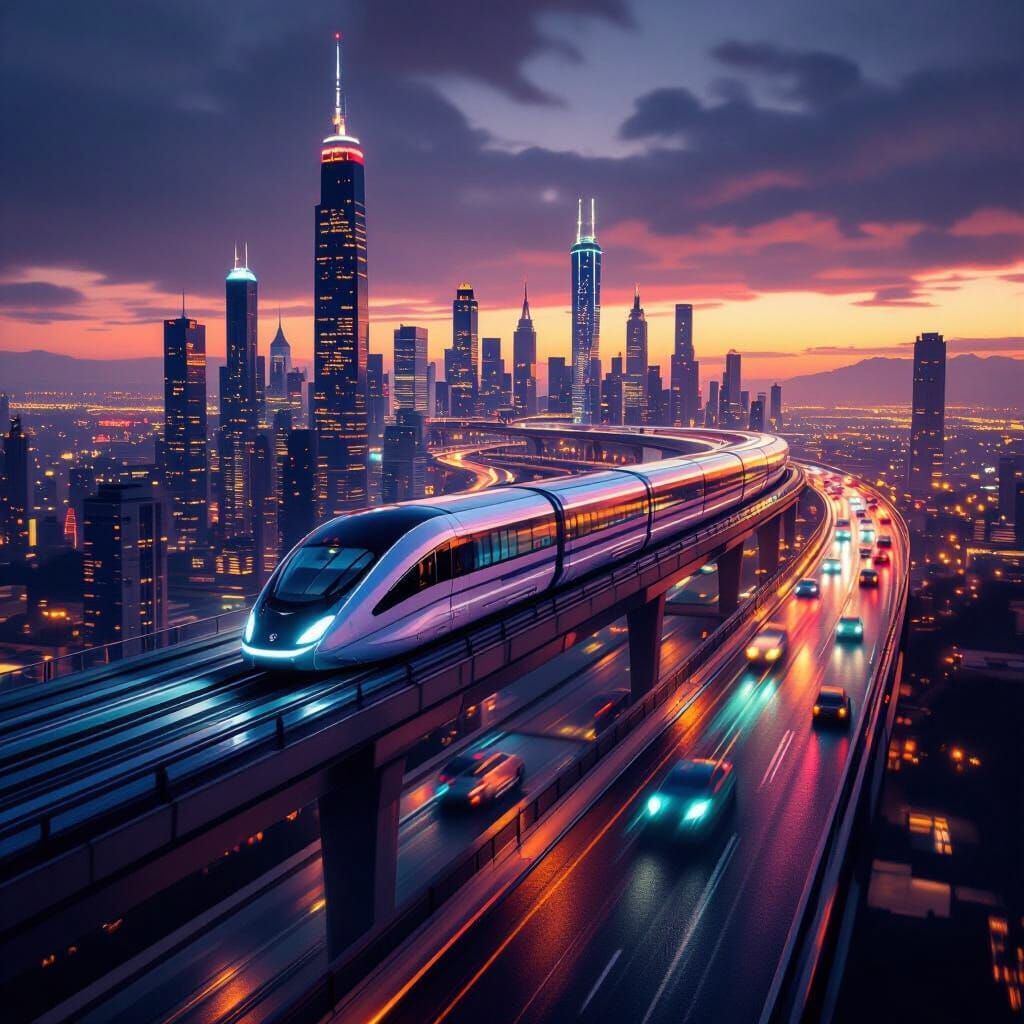 Maglev Train Speeds Through Futuristic Cityscape