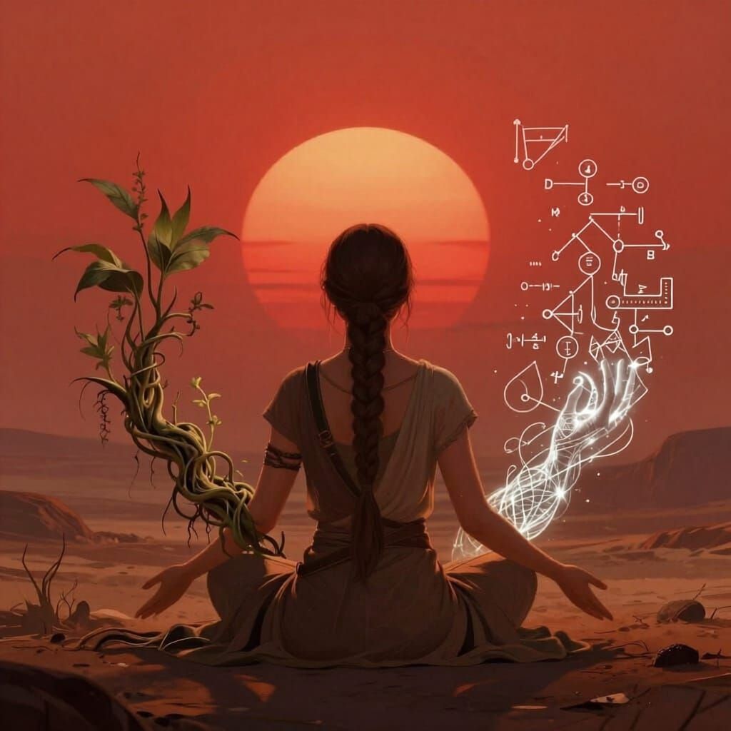 Sci-Fi Book Cover: Woman Meditating on Alien World