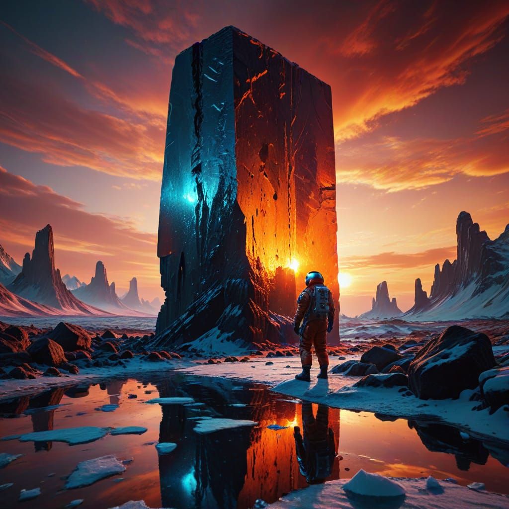 Astronaut's Discovery: Ancient Monolith on Alien Planet