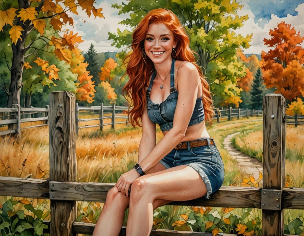 Red-Haired Beauty on Fence in Mixed Media